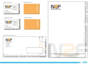 Immagine coordinata aziendale per NPF Global Service S.r.l. : bigliettini da visita, busta da lettera con finestra e carta intestata.